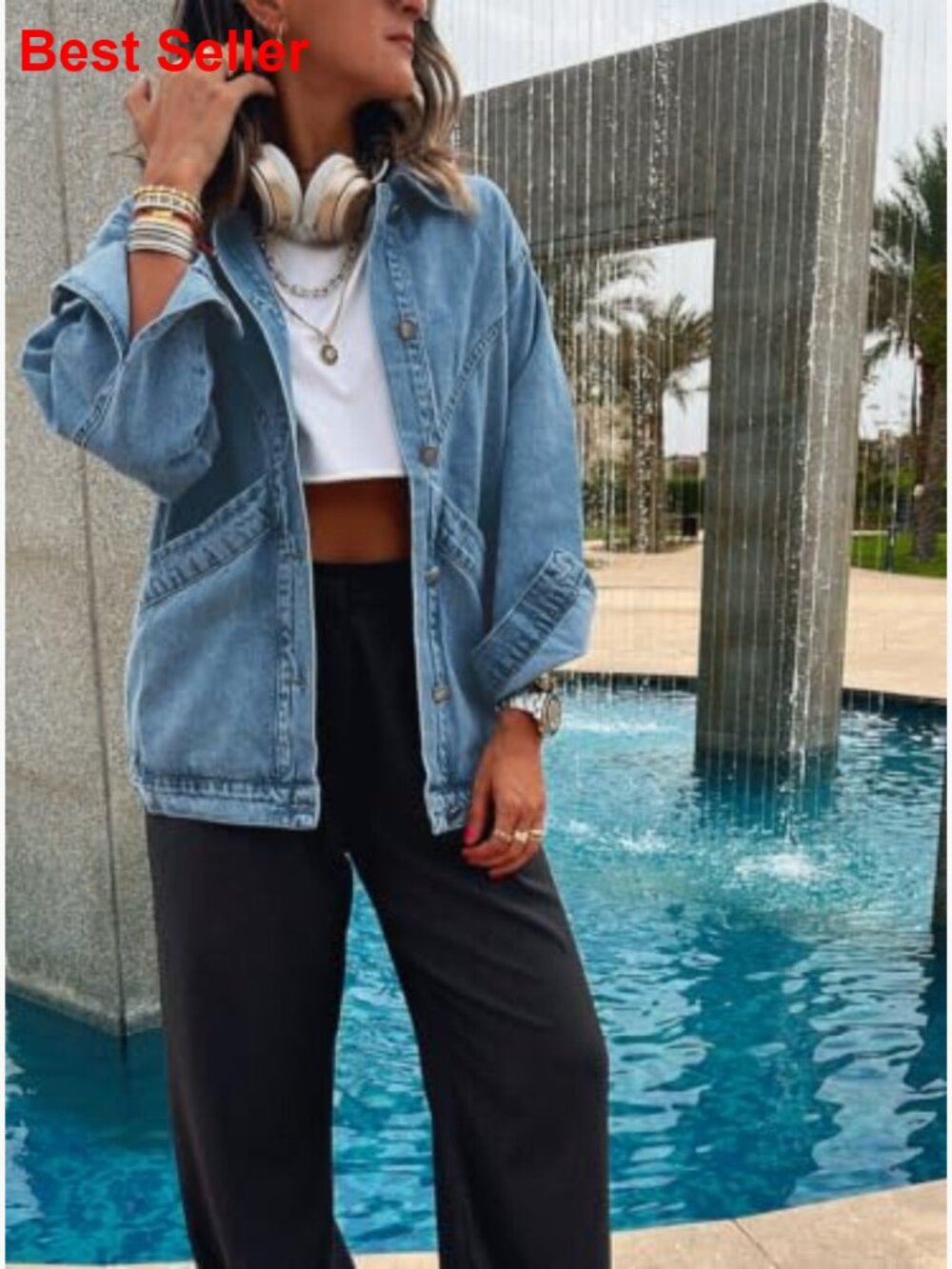 Oversized Distressed Denim Jacket Button Down Long Sleeve Pockets - Picture 4 of 6